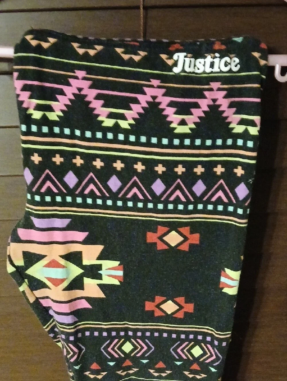 Justice Black Aztec Print Leggings with Pink, Green & Purple Accents
